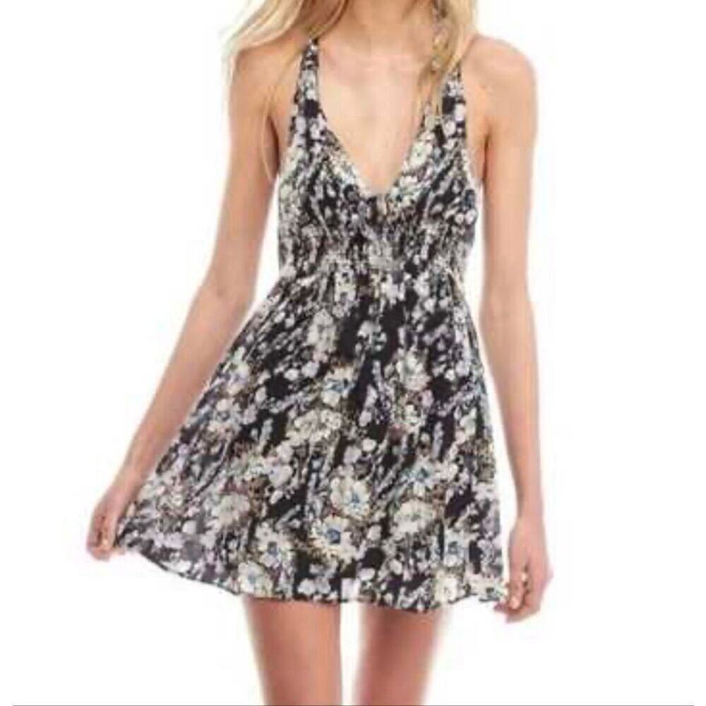 Free People Washed Ashore Mini Dress Small Black Floral Sundress Racerback